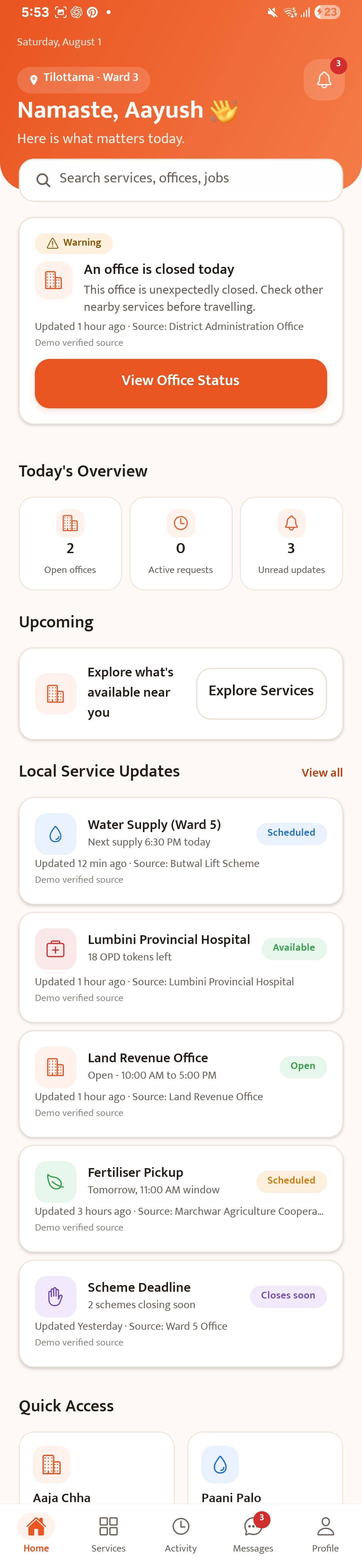 Sajilo Lumbini mobile dashboard screenshot